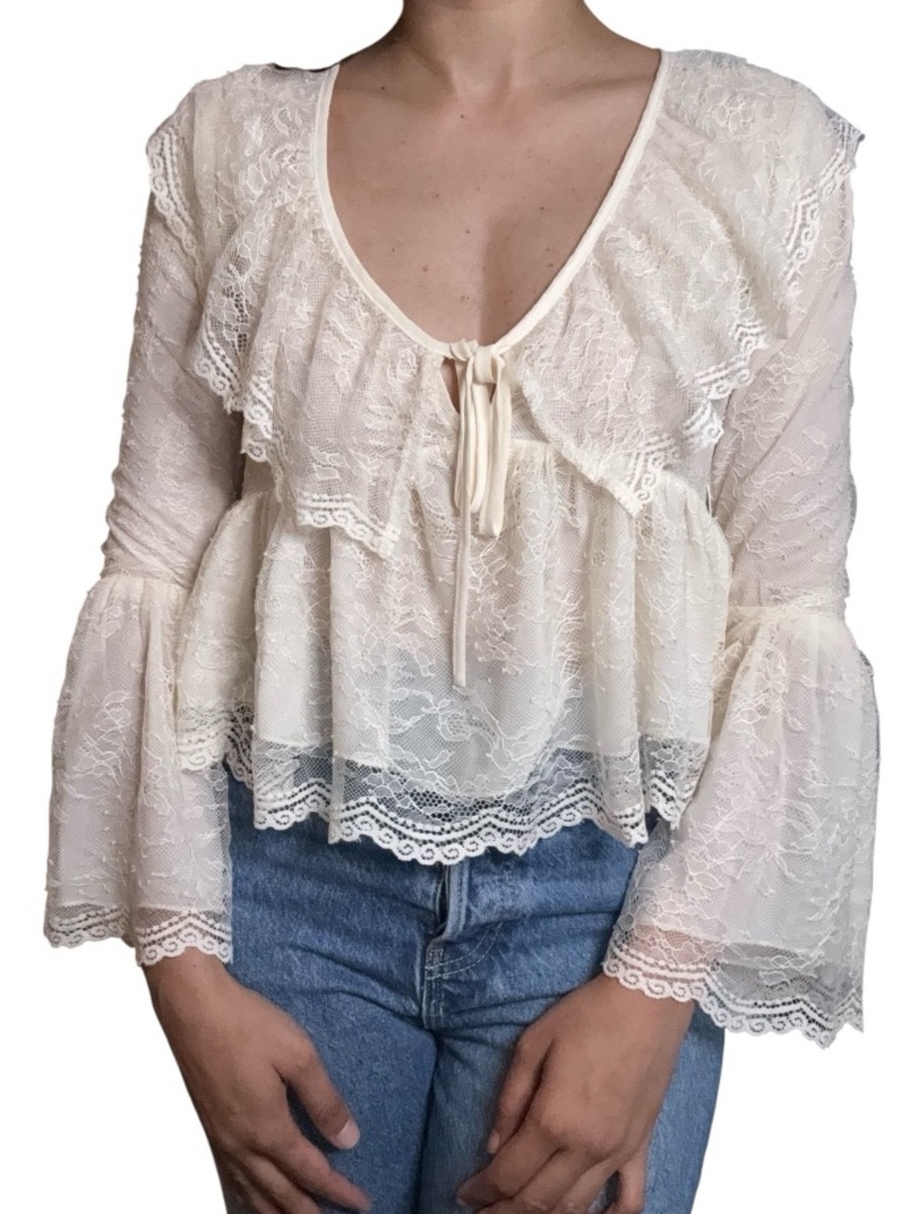 Altar'd State Cream Lace Ruffle Tie-Front Blouse XS